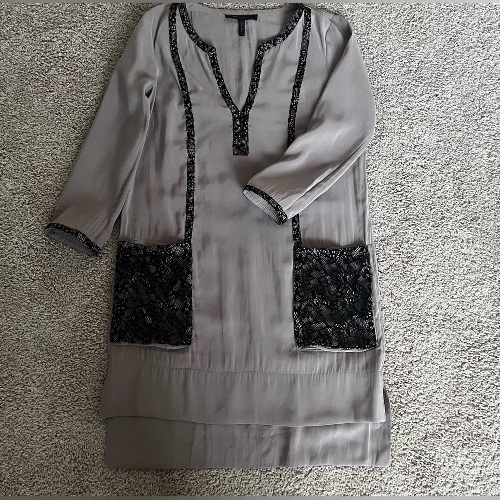 BCBGMaxAzria Taupe Mini Dress with Sleeveses and Lace Details